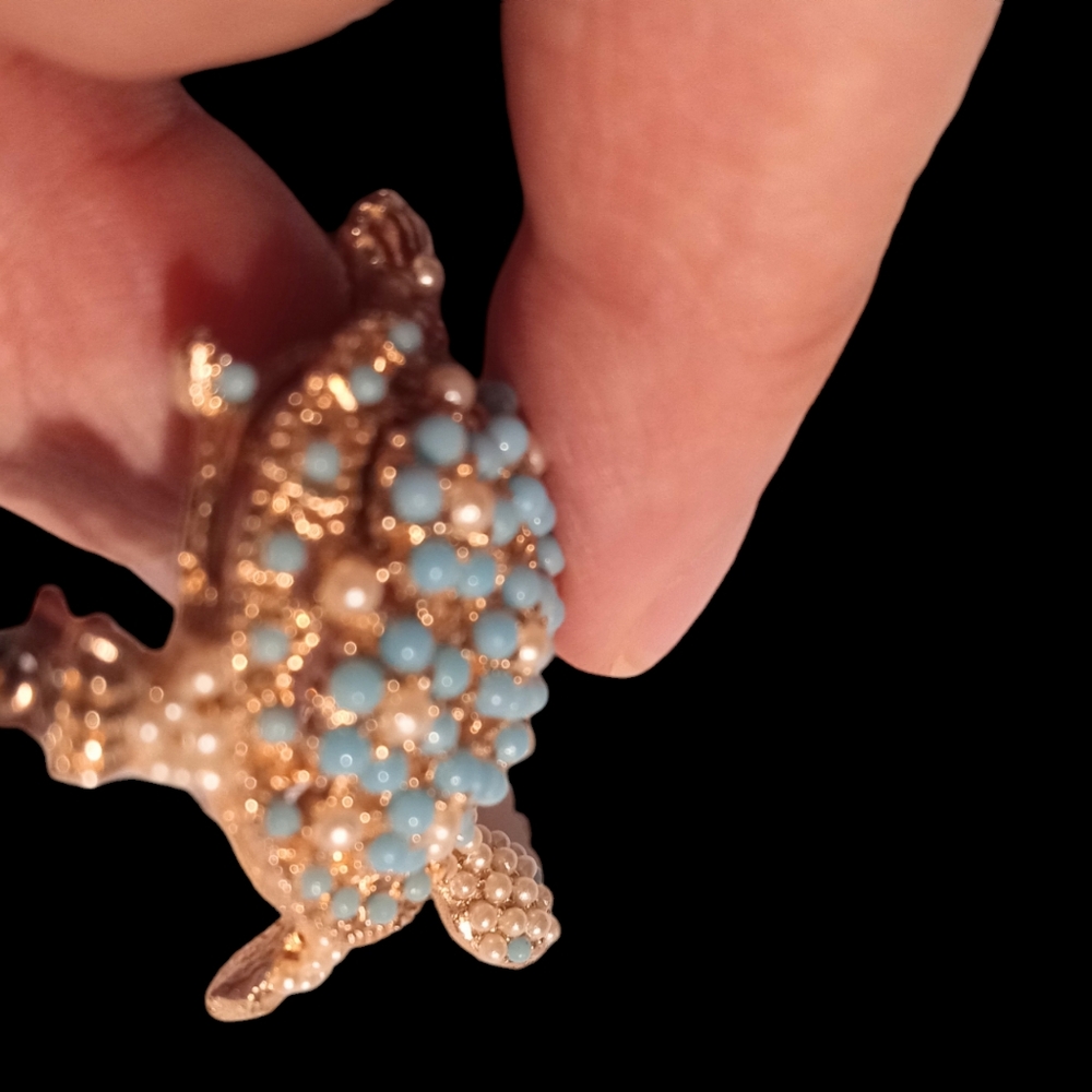VINTAGE RARE CINER UNSIGNED TURTLE BROOCH PIN TURQUOISE FLOWERS - Picture 5 of 5